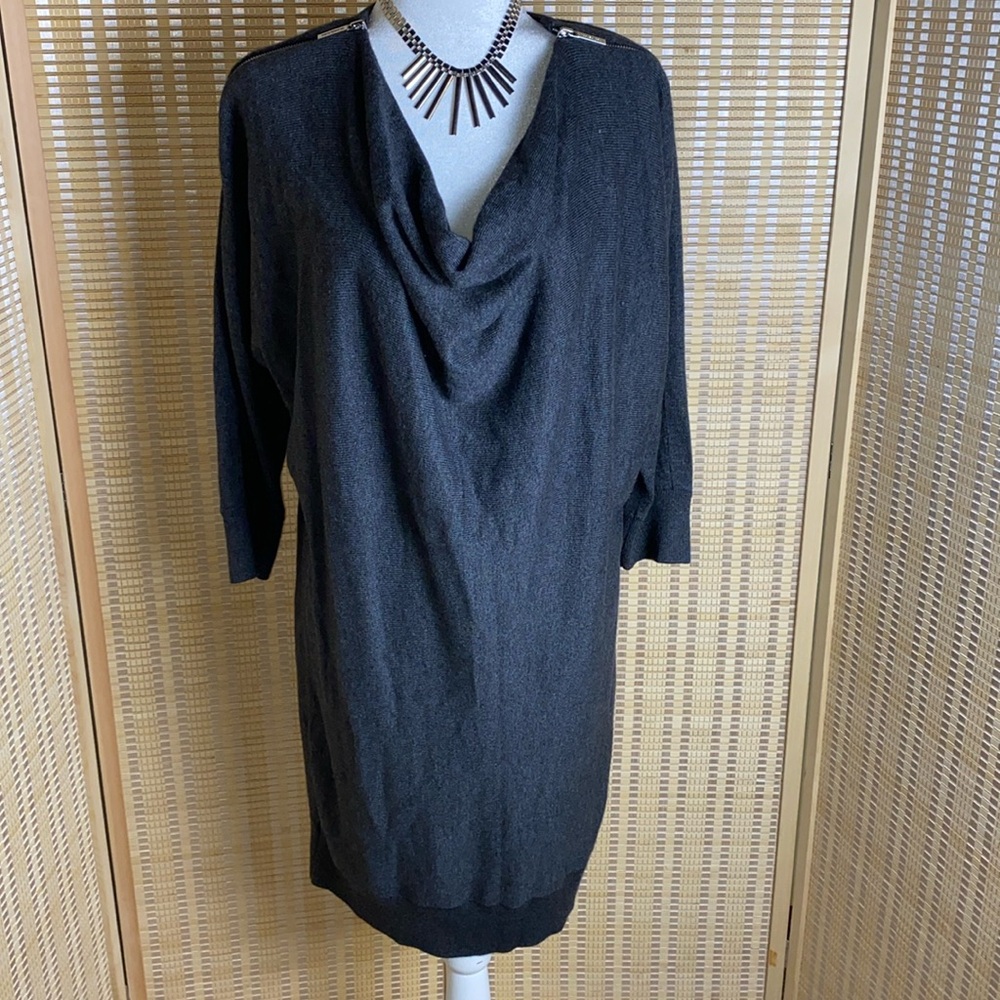 Michael Kors Gray Drape Front Sweater Dress 3/4 Dolman Sleeve Zip Shoulder
